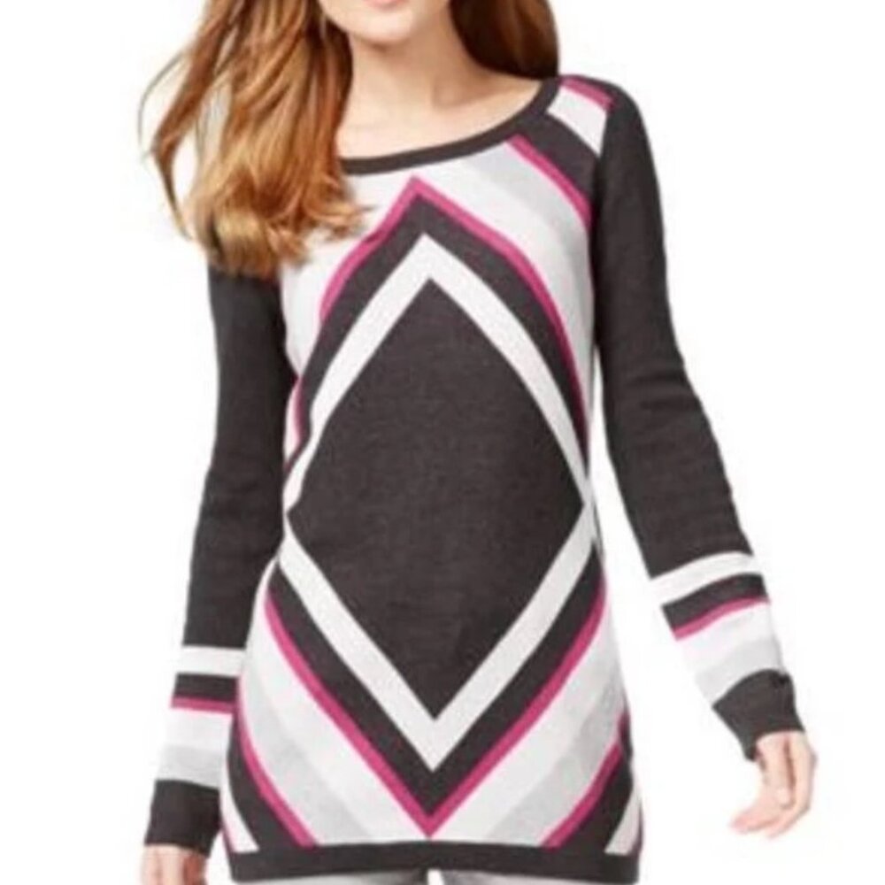 INC Sweater Abstract Geometric Color block Grey Purple Blk pullover L/S Womans L